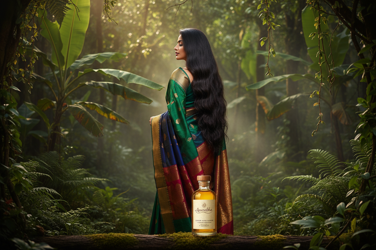 the hairoil wth a lady in treditional saree in jungle ane teh lady have long hair and she is in the forest and the hair oil name is anuradha
